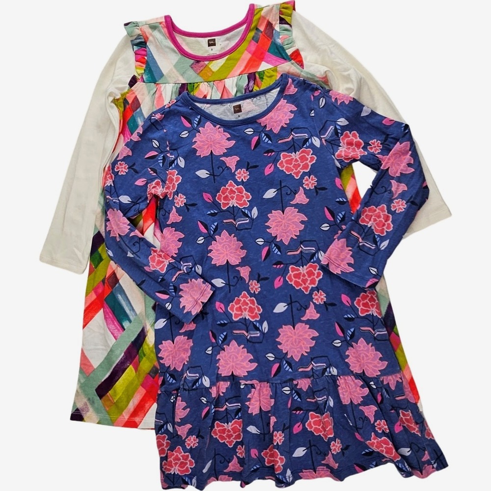 Tea Collection Girls Sz 8 Long Sleeve Dress Lot Cotton Floral Geometric